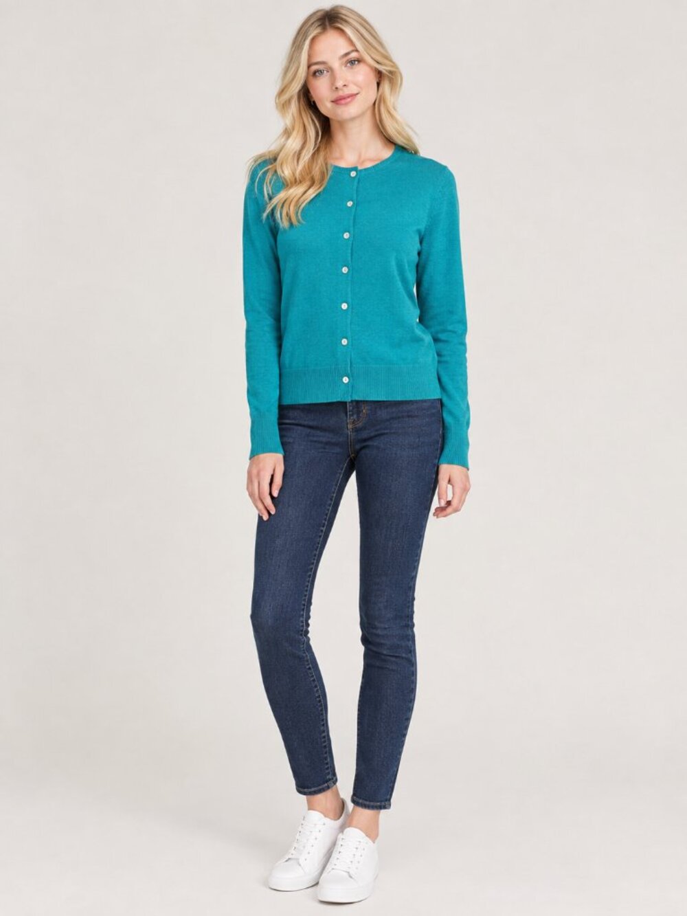 2/$30 Lands' End Fine-Knit Crew Neck Cardigan Turquoise XS #A4993